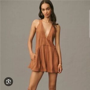 NWT Anthropologie Large Sleeveless V Neck Pinafore Pockets Fit & Flare Romper